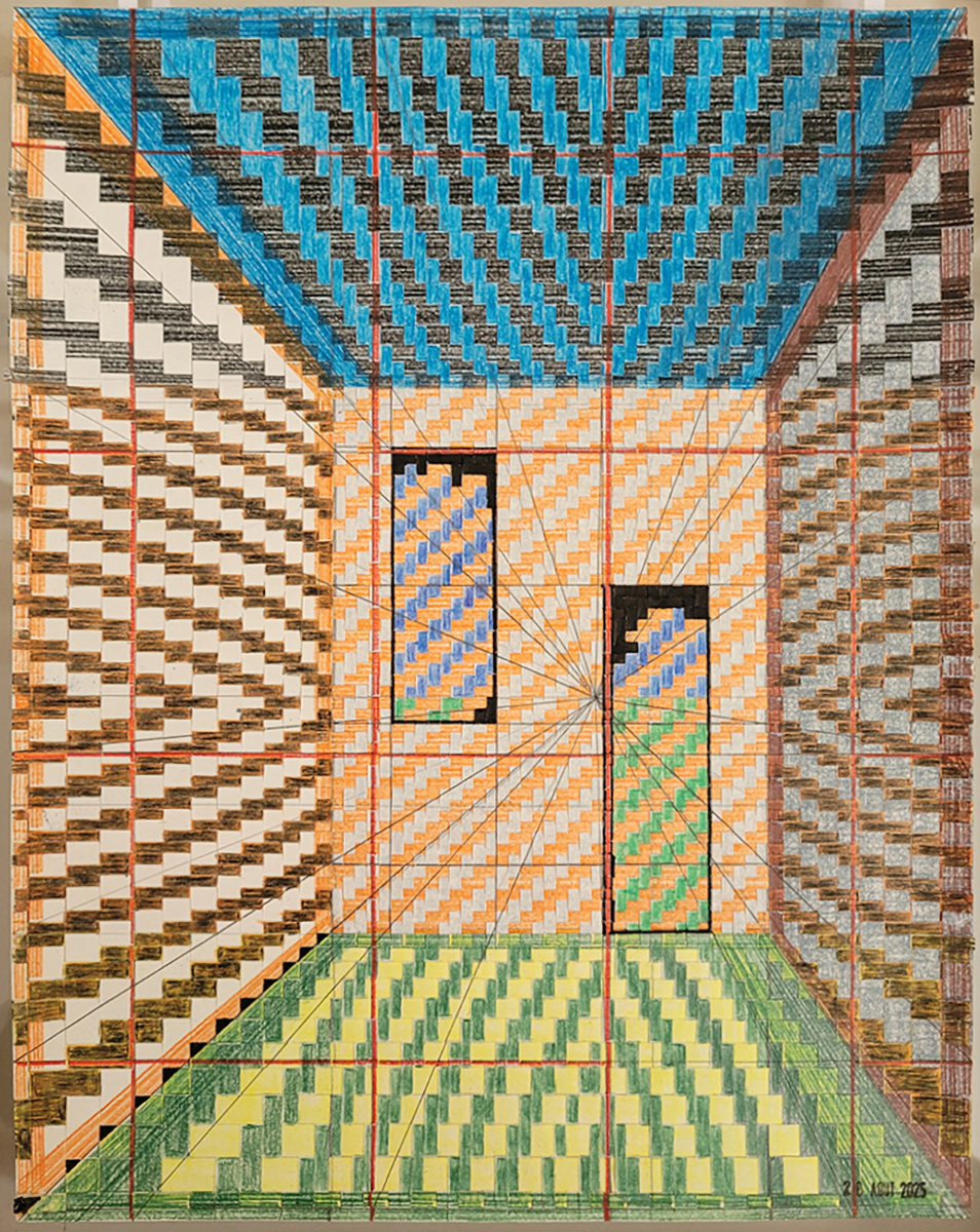 Henri-Jacobs-Journal-Drawing-1045-Lespace-Las-Meninas-recto-Thursday-28-August-2025-coloured-pencil-ink-on-plaited-paper-32x24cm